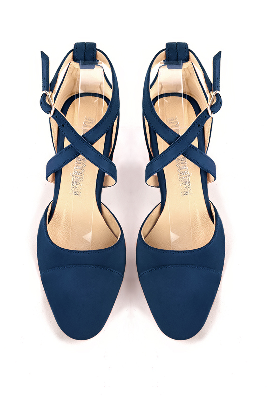 Navy blue women's open side shoes, with crossed straps. Round toe. Medium flare heels. Top view - Florence KOOIJMAN